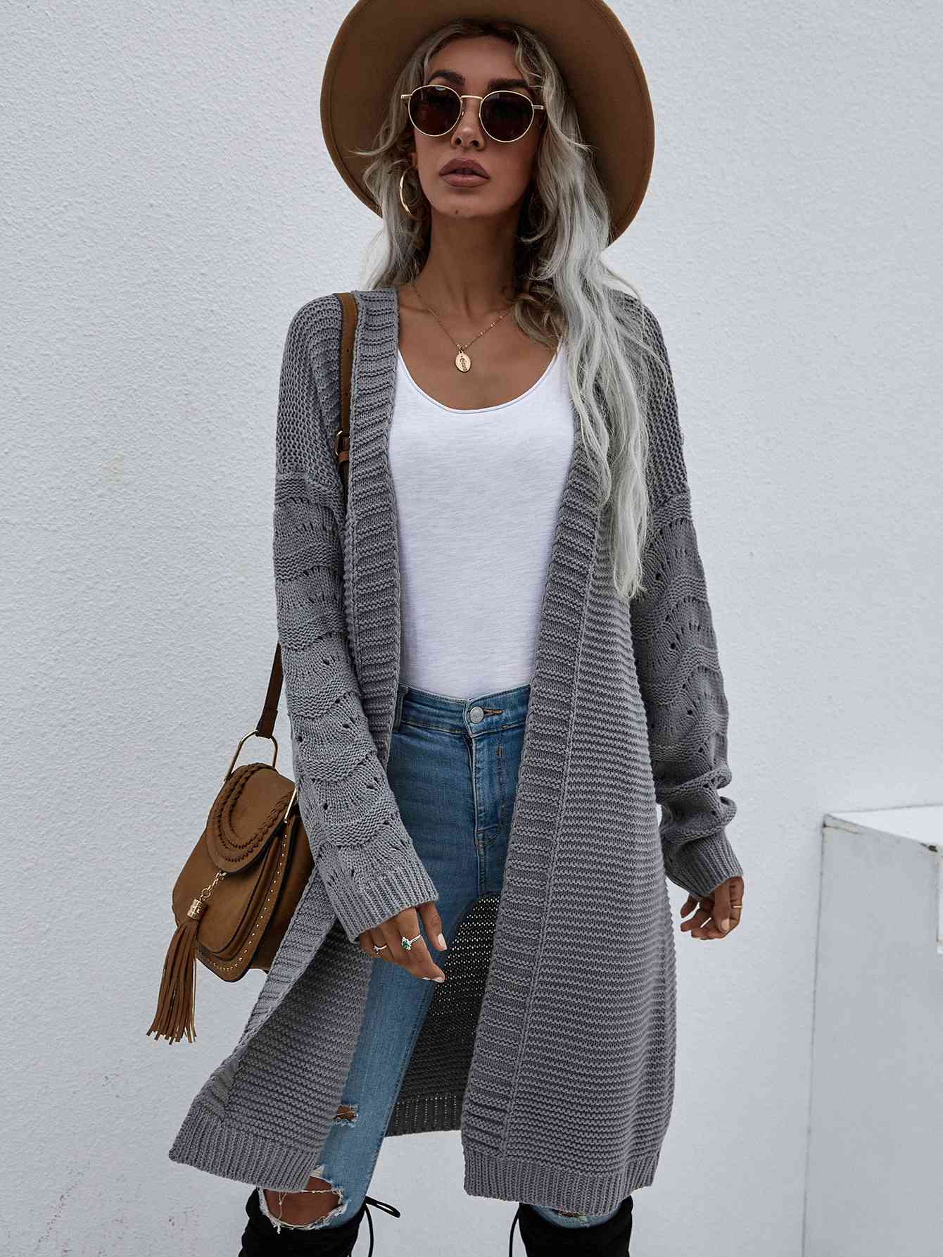 Double Take Horizontal Ribbing Open Front Duster Cardigan Gray / S