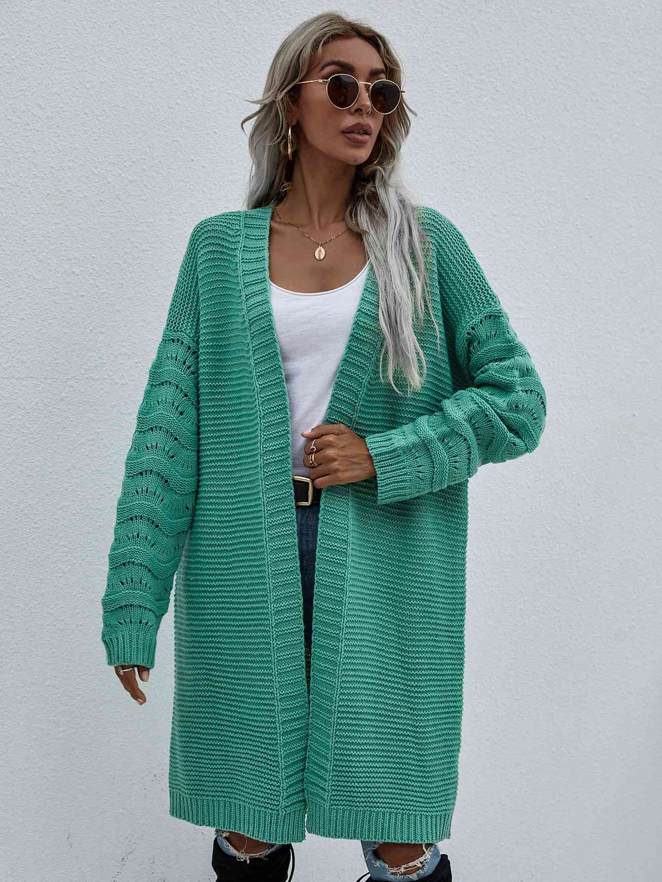 Double Take Horizontal Ribbing Open Front Duster Cardigan Green / S