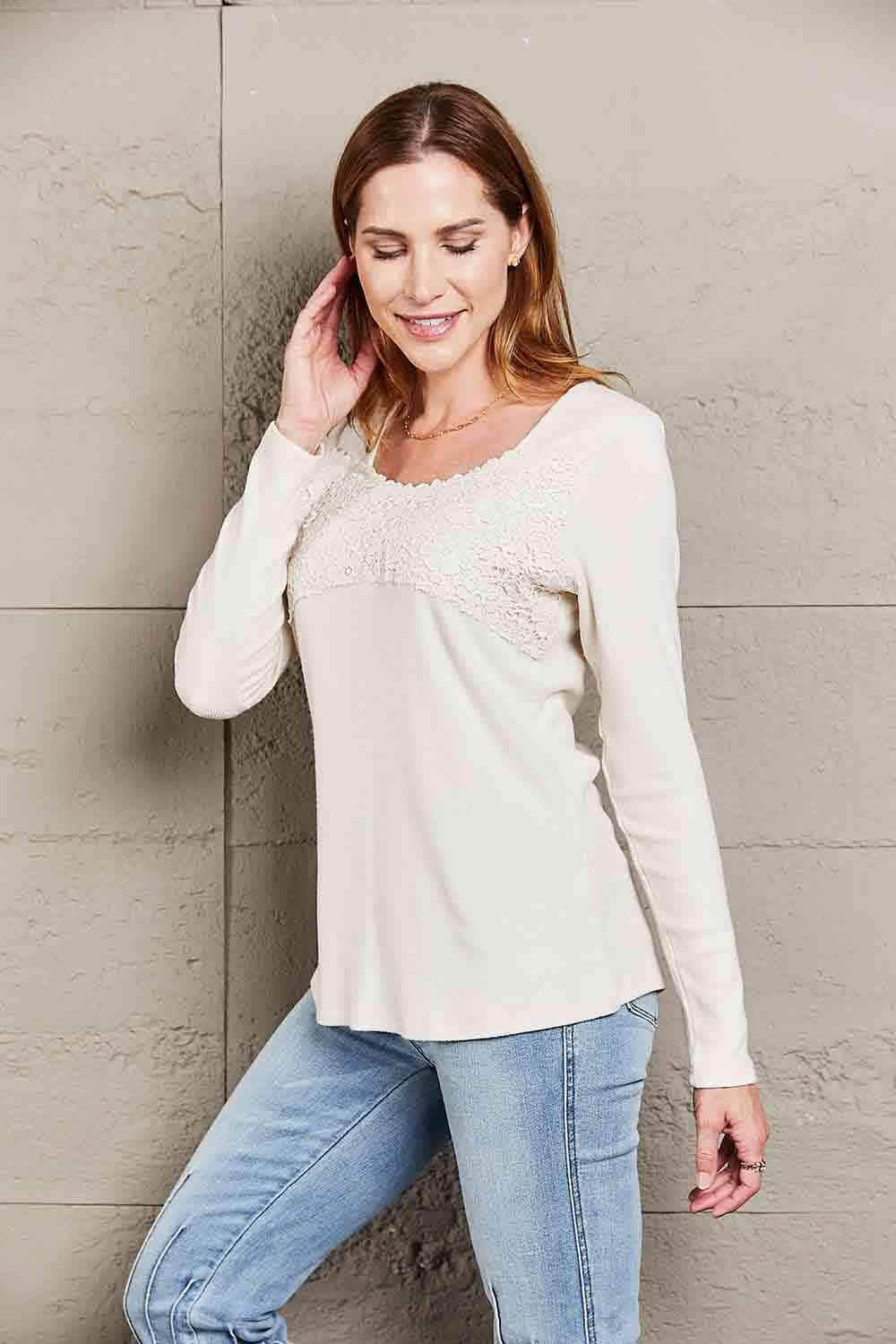 Double Take Lace Crochet Long Sleeve Top