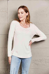 Double Take Lace Crochet Long Sleeve Top Beige / S