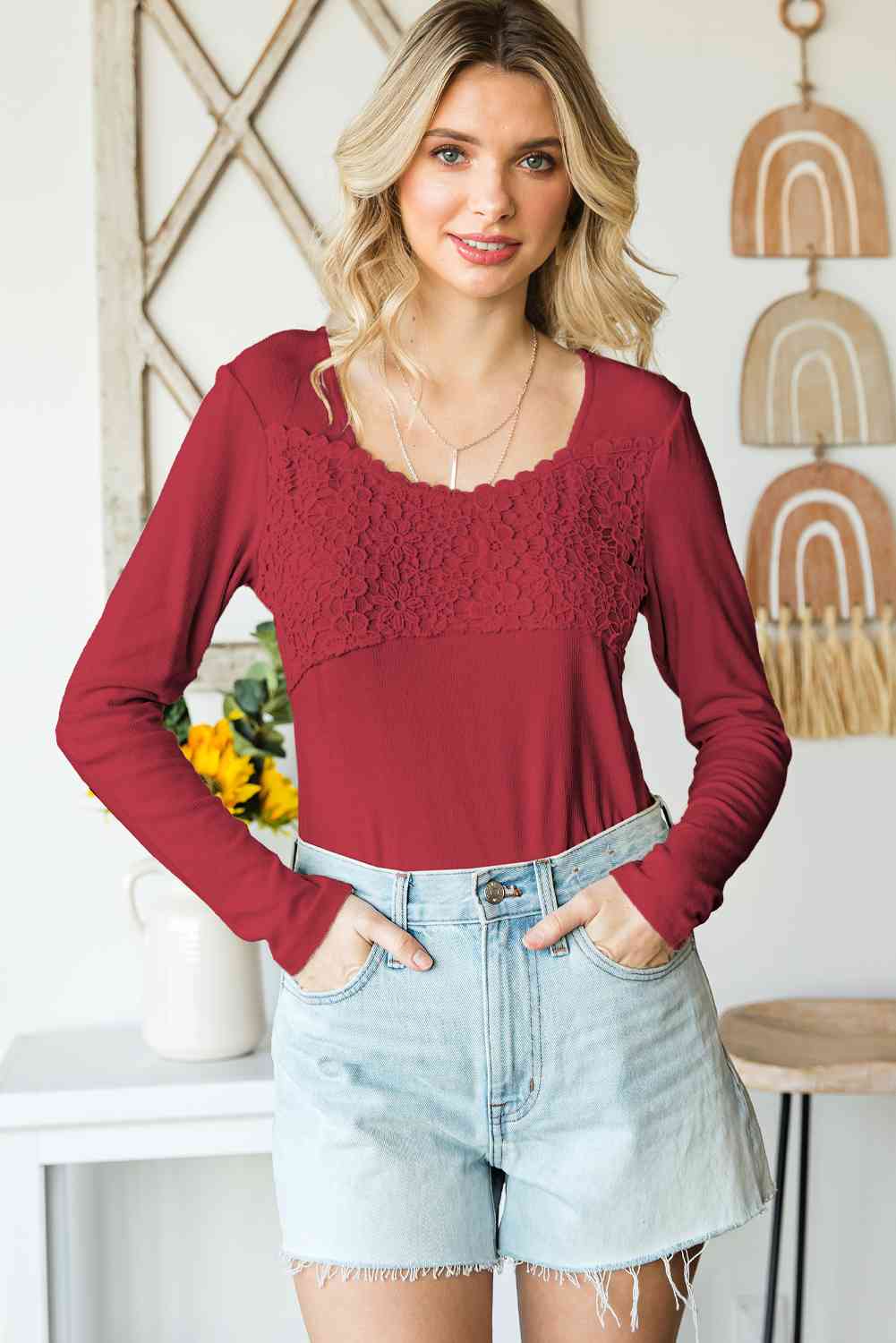 Double Take Lace Crochet Long Sleeve Top Deep Red / S