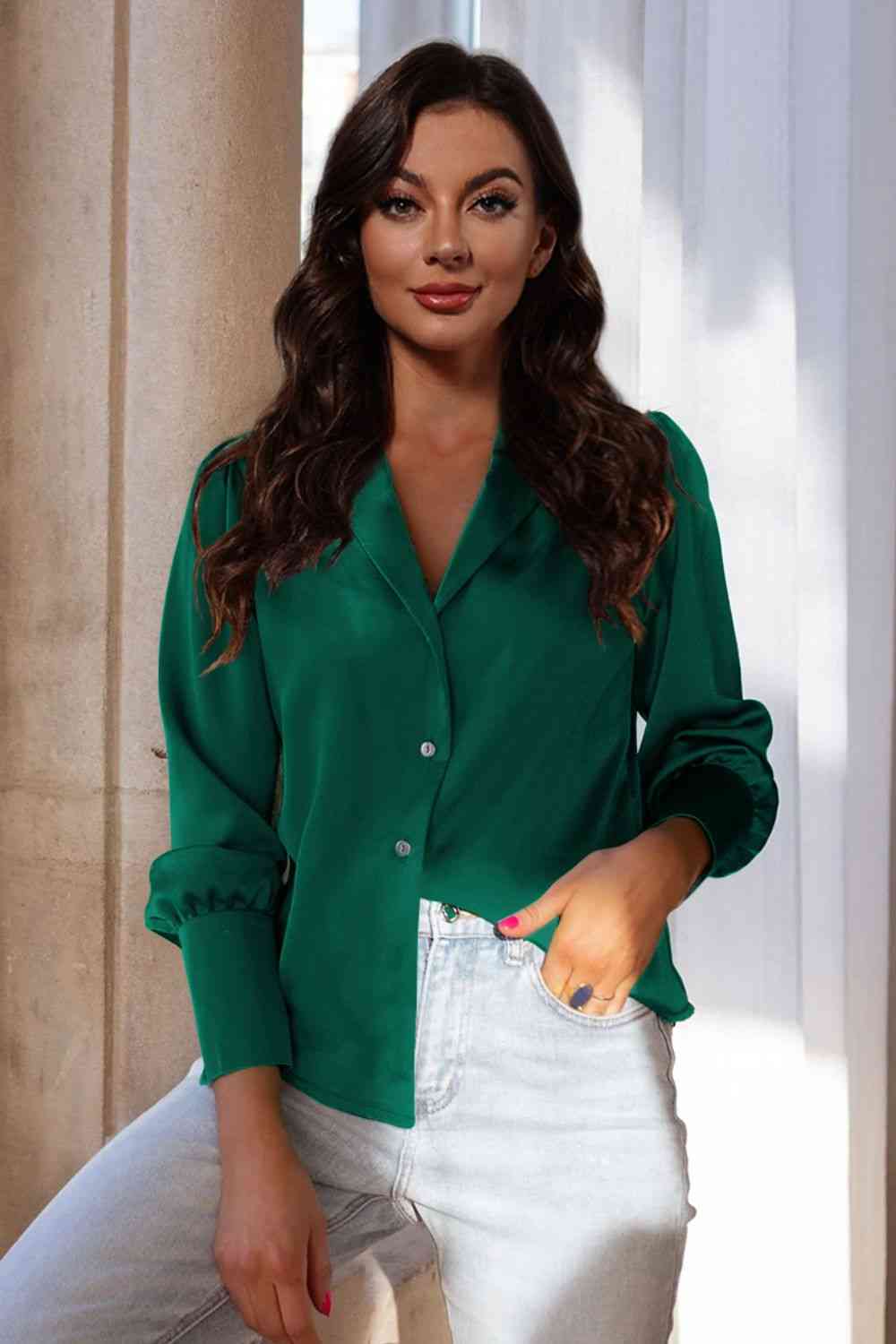 Double Take Lapel Collar Buttoned Puff Sleeve Shirt Green / S