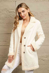 Double Take Lapel Collar Teddy Lining Longline Coat White / S