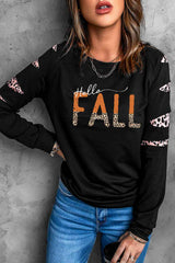 Double Take Leopard Long Sleeve Round Neck HELLO FALL Graphic Sweatshirt Black / S