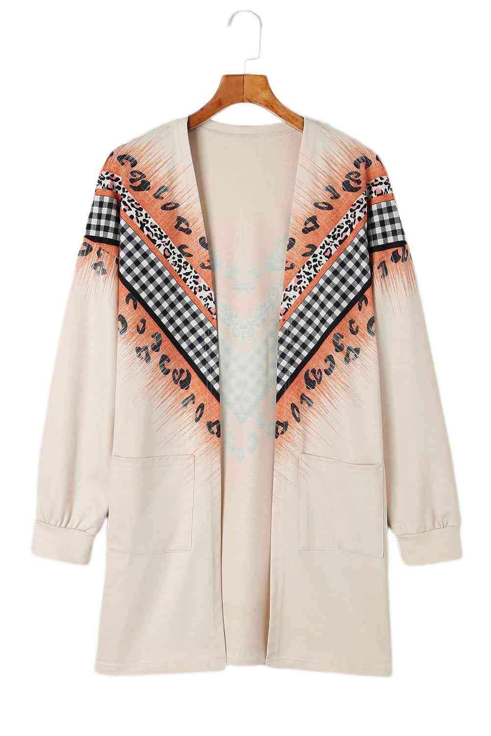 Double Take Leopard Plaid Open Front Longline Cardigan with Pockets