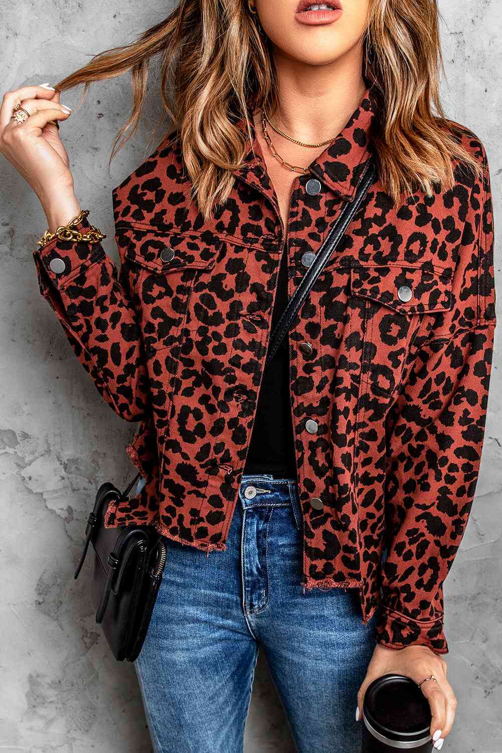 Double Take Leopard Print Raw Hem Jacket