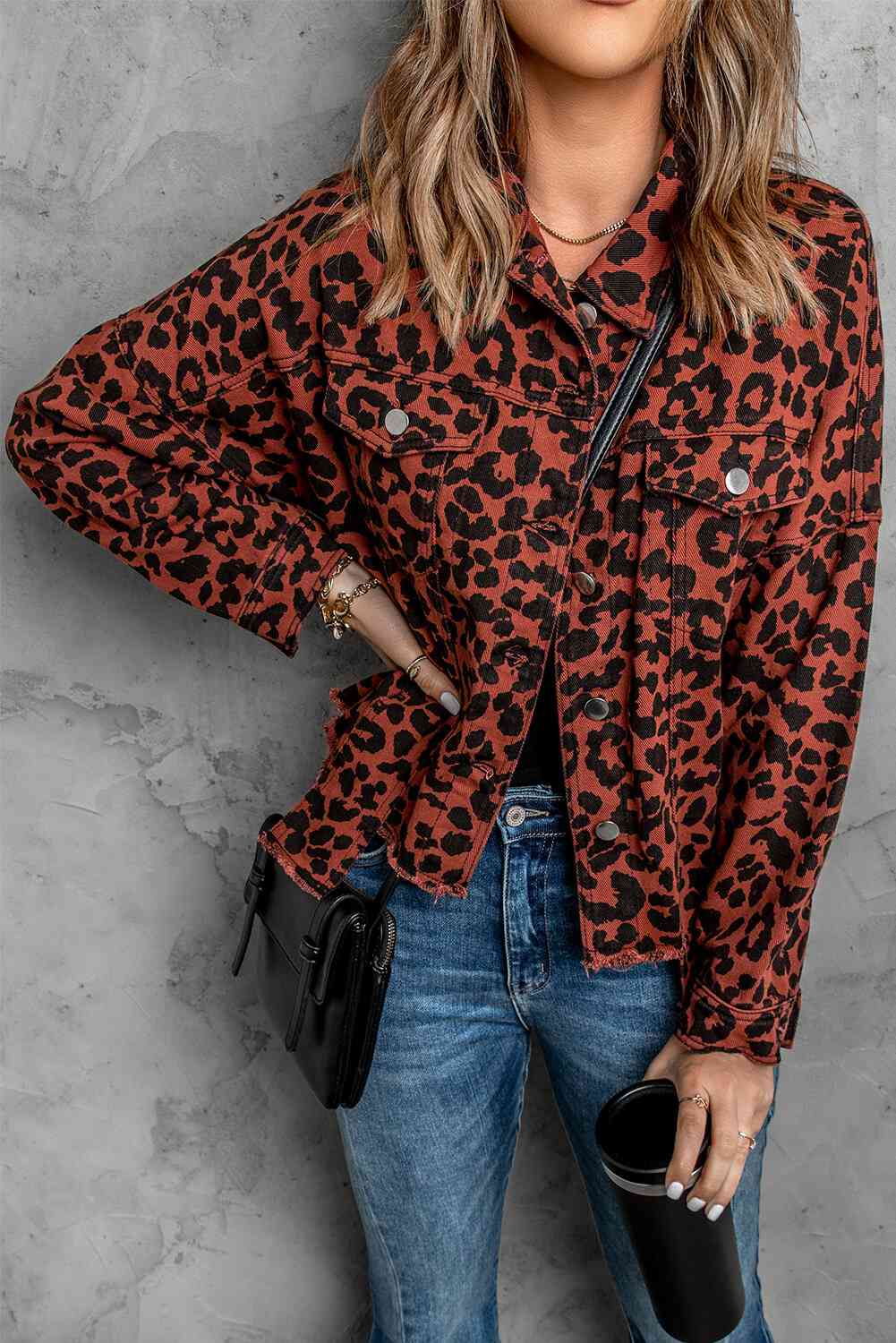 Double Take Leopard Print Raw Hem Jacket