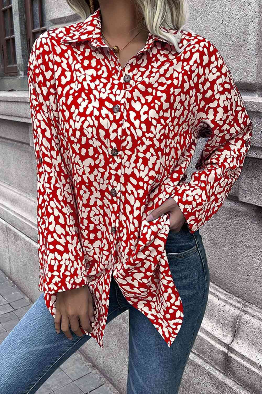 Double Take Leopard Roll-Tap Sleeve Shirt Deep Red / S