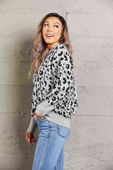 Double Take Leopard V-Neck Dropped Shoulder Top