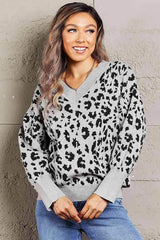 Double Take Leopard V-Neck Dropped Shoulder Top