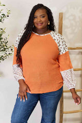 Double Take Leopard Waffle-Knit Long Sleeve Blouse Pumpkin / S