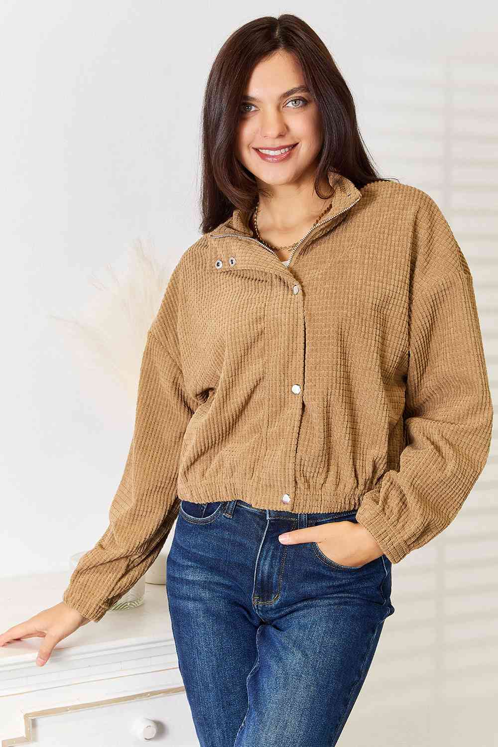 Double Take Long Sleeve Dropped Shoulder Jacket Camel / S