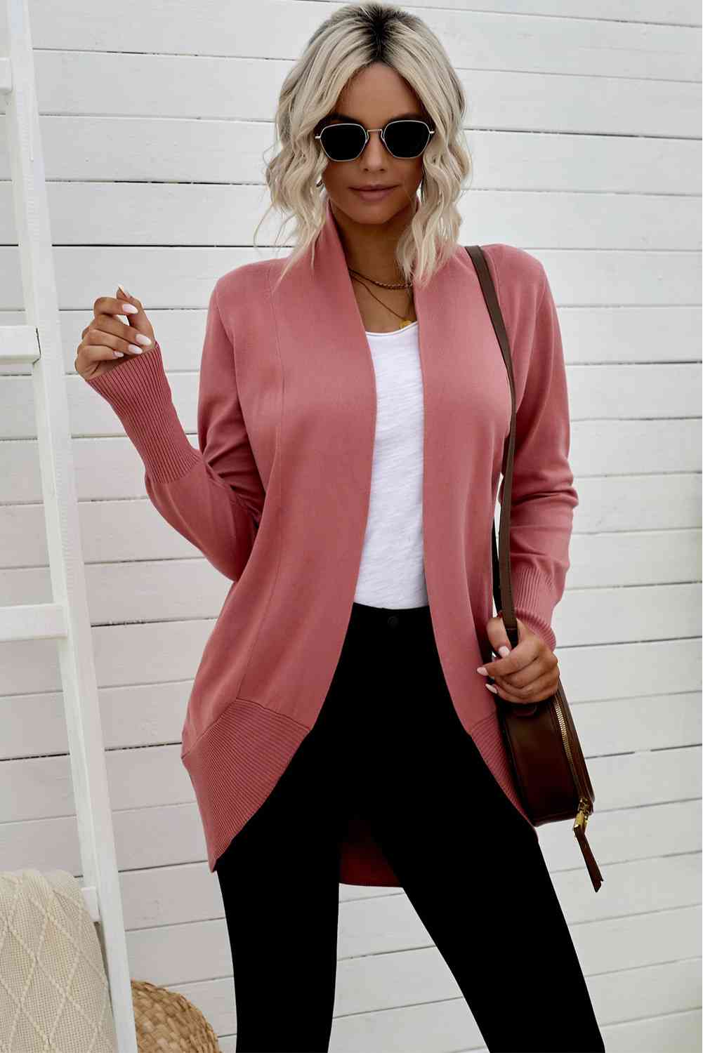 Double Take Long Sleeve Ribbed Hem Open Front Longline Cardigan Pink / S