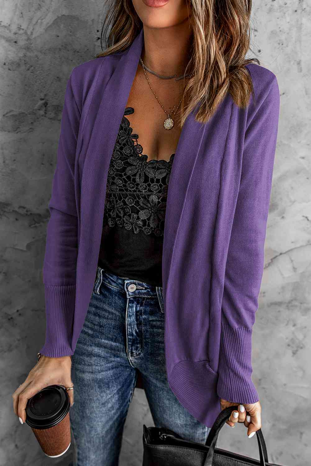 Double Take Long Sleeve Ribbed Hem Open Front Longline Cardigan Purple / S