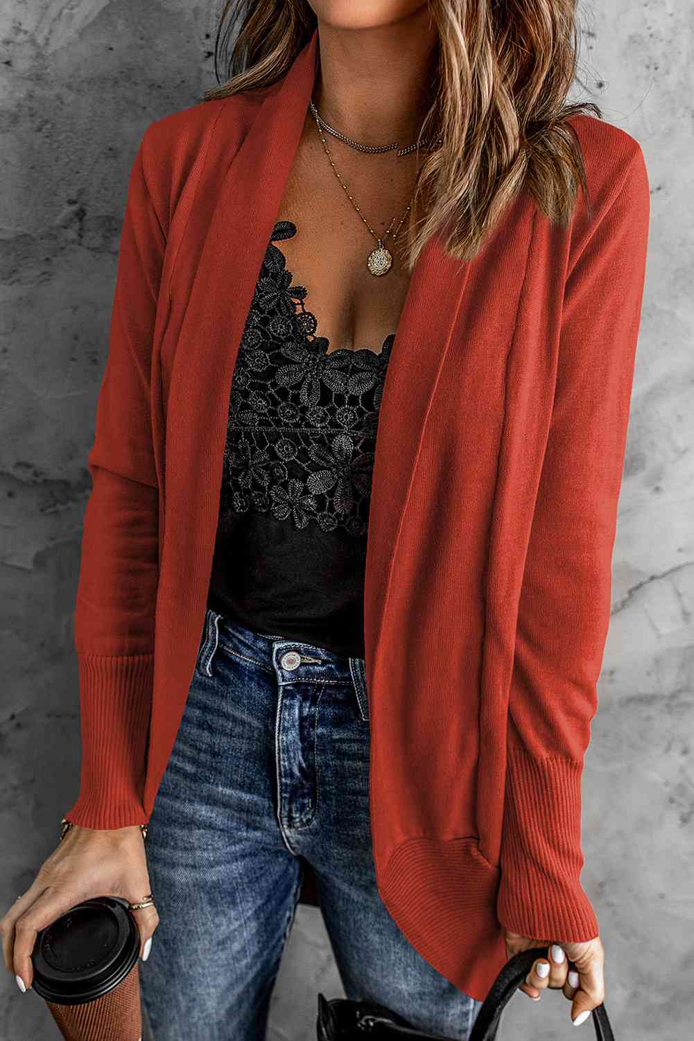 Double Take Long Sleeve Ribbed Hem Open Front Longline Cardigan Red / S