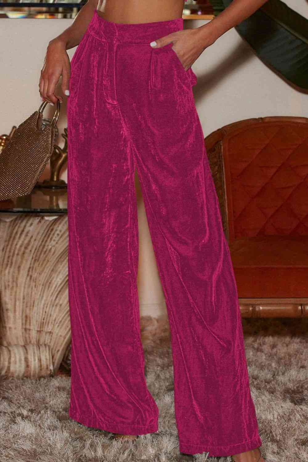 Double Take Loose Fit High Waist Long Pants with Pockets Hot Pink / S