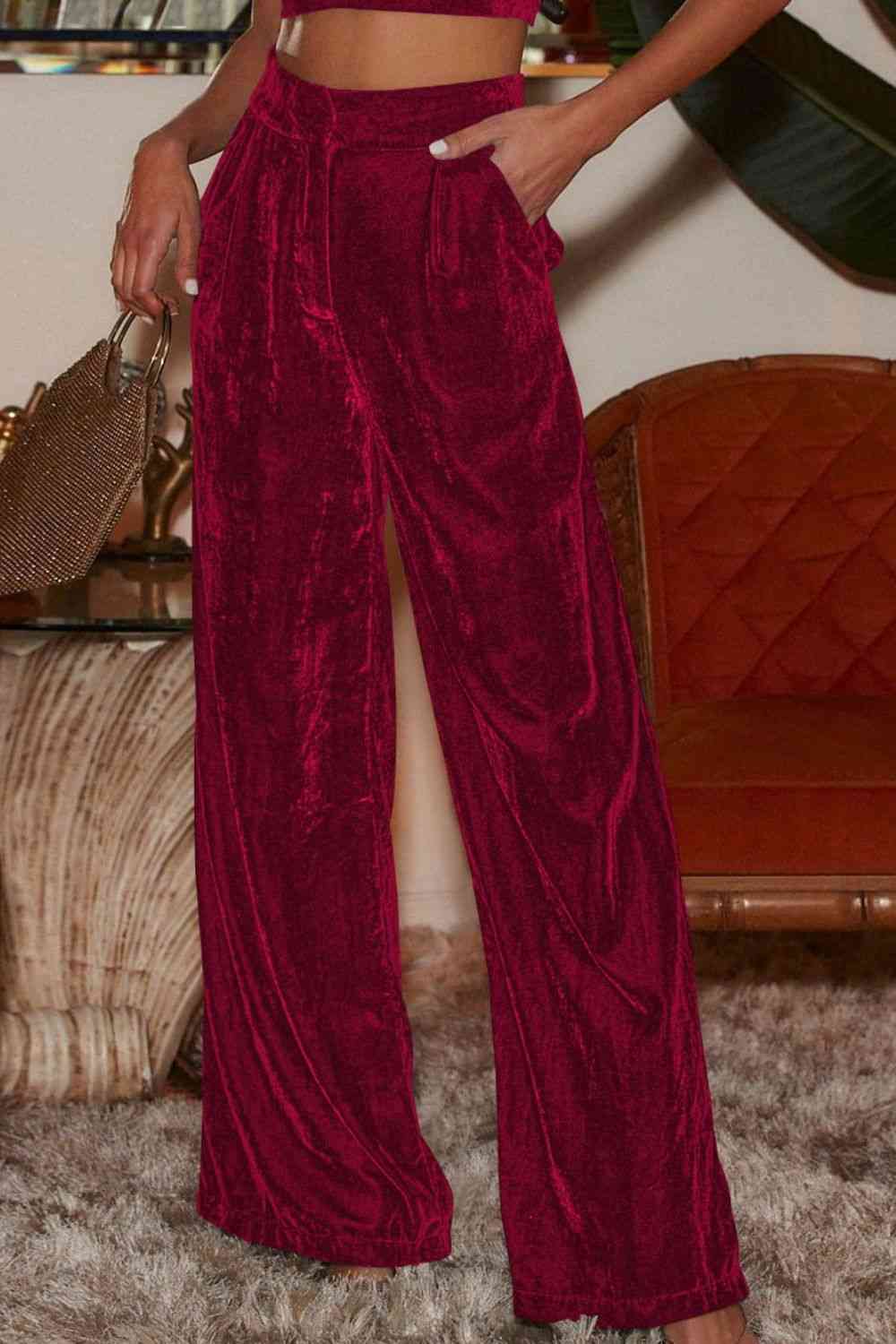 Double Take Loose Fit High Waist Long Pants with Pockets Wine / S