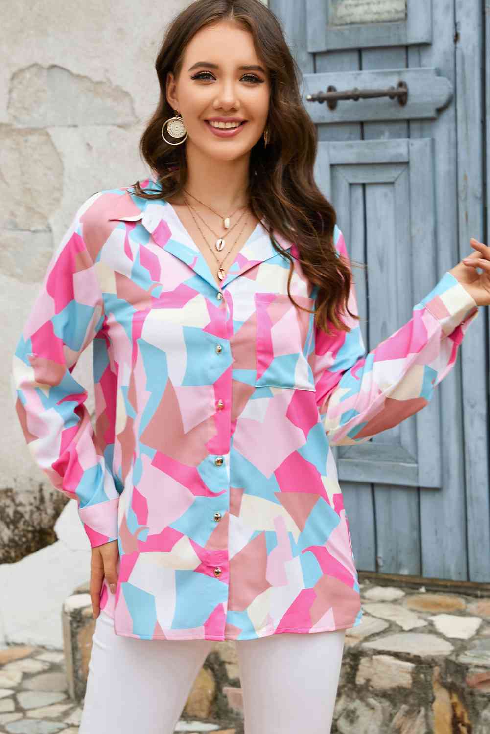 Double Take Multicolored Long Sleeve Collared Shirt Multicolor / S