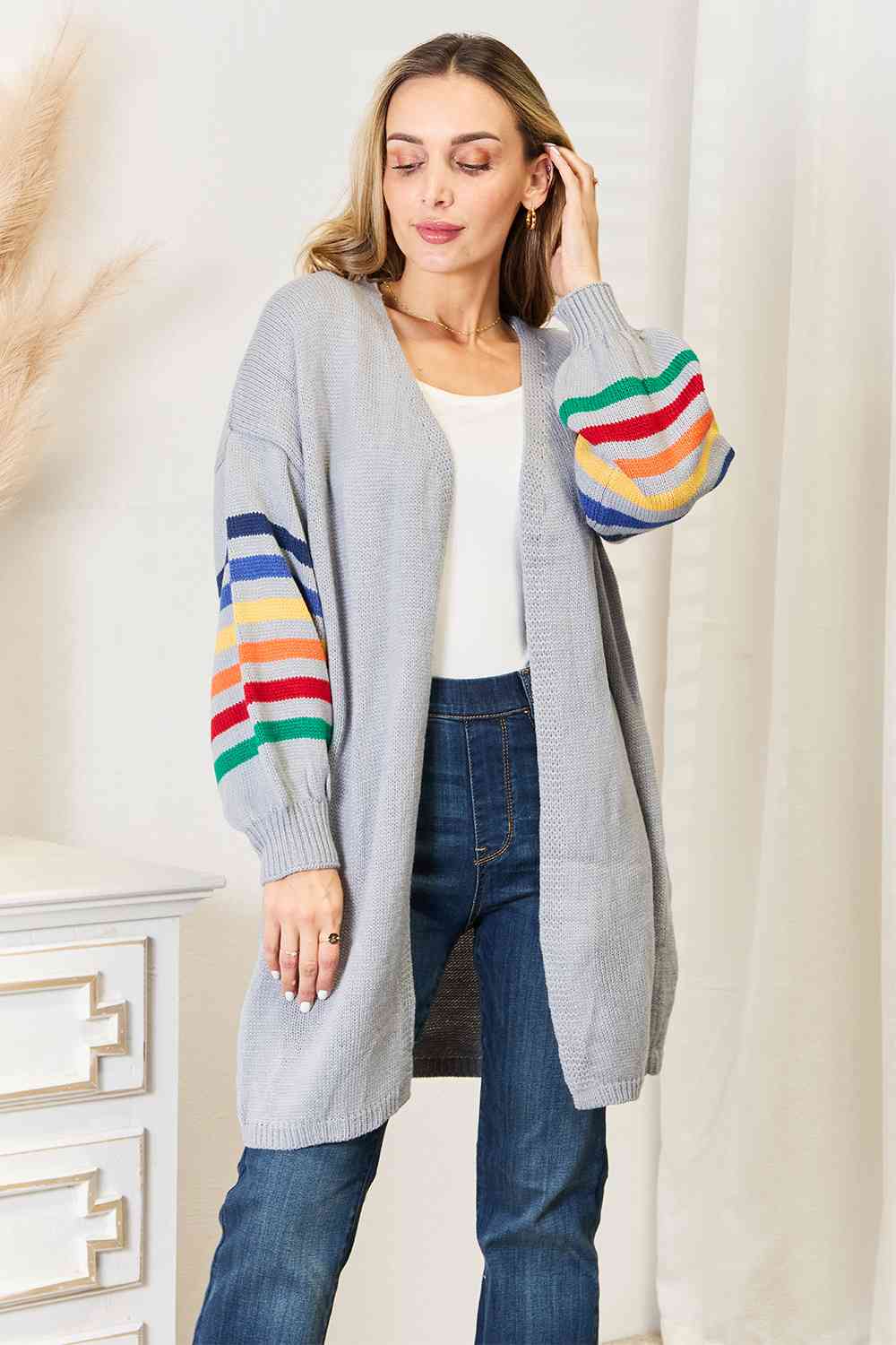 Double Take Multicolored Stripe Open Front Longline Cardigan Light Gray / S