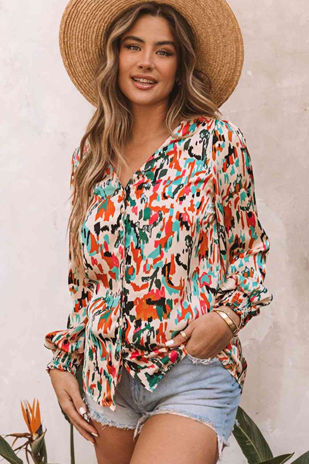 Double Take Multicolored V-Neck Lantern Sleeve Shirt Multicolor / S