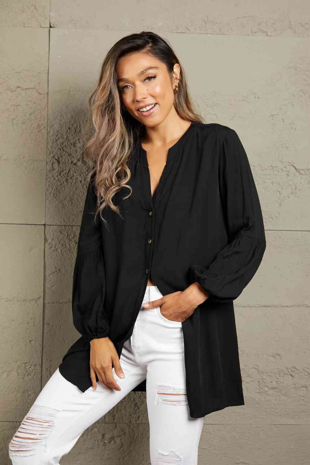 Double Take Notched Neck Balloon Sleeve Shirt