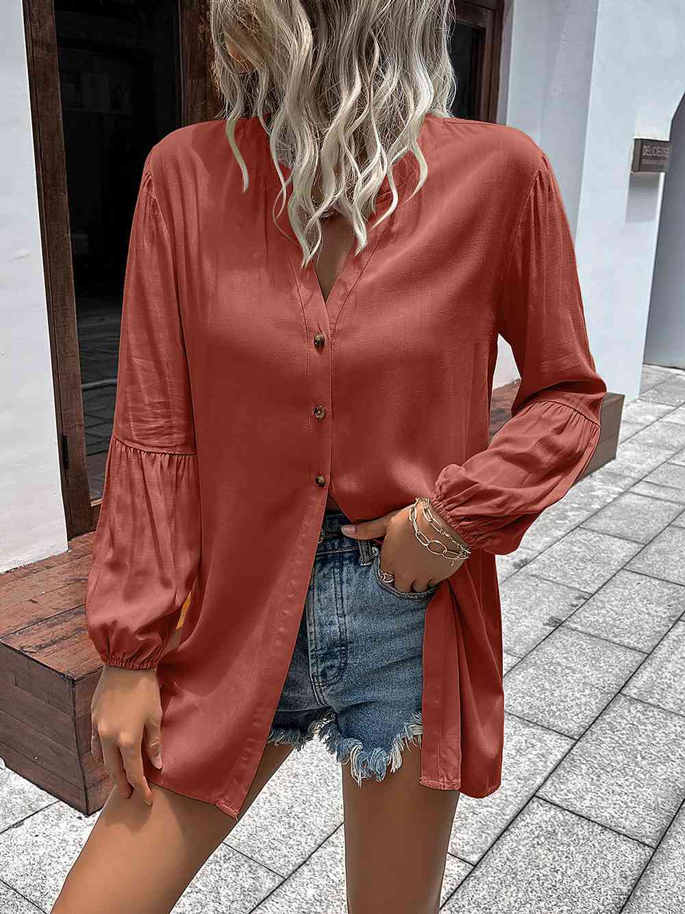 Double Take Notched Neck Balloon Sleeve Shirt Brick Red / S