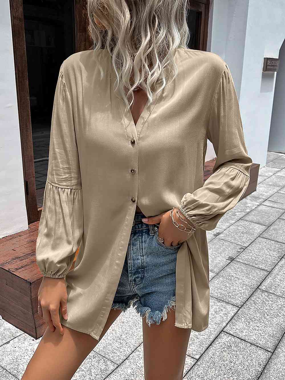 Double Take Notched Neck Balloon Sleeve Shirt Tan / S