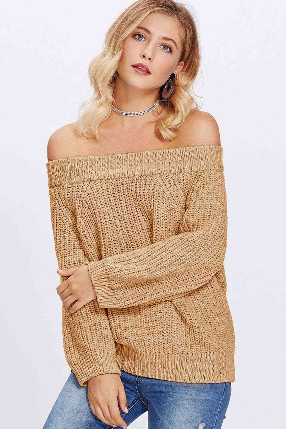 Double Take Off-Shoulder Long Sleeve Sweater Tan / One Size