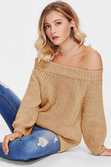 Double Take Off-Shoulder Long Sleeve Sweater Tan / One Size