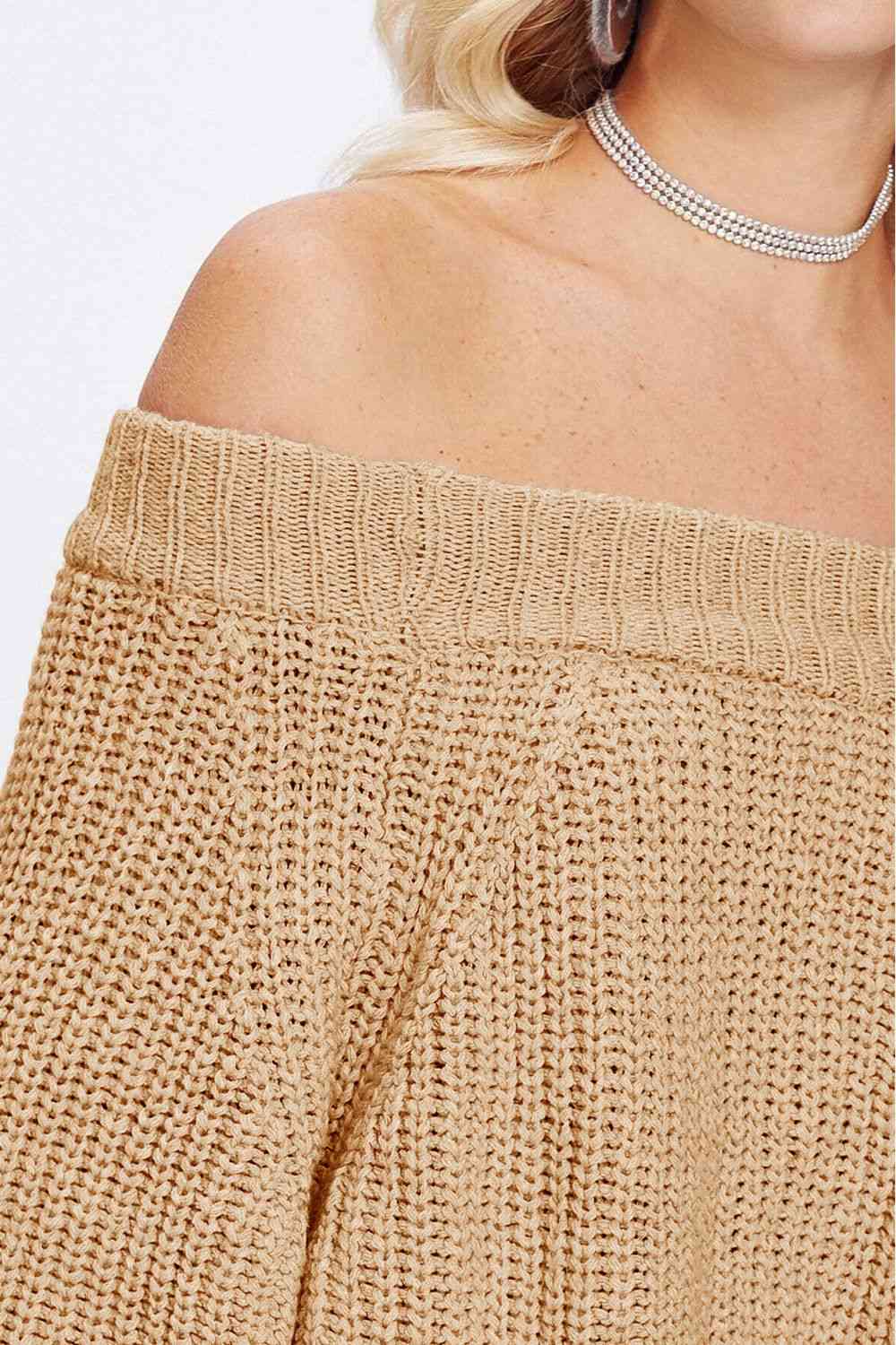 Double Take Off-Shoulder Long Sleeve Sweater Tan / One Size