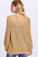 Double Take Off-Shoulder Long Sleeve Sweater Tan / One Size