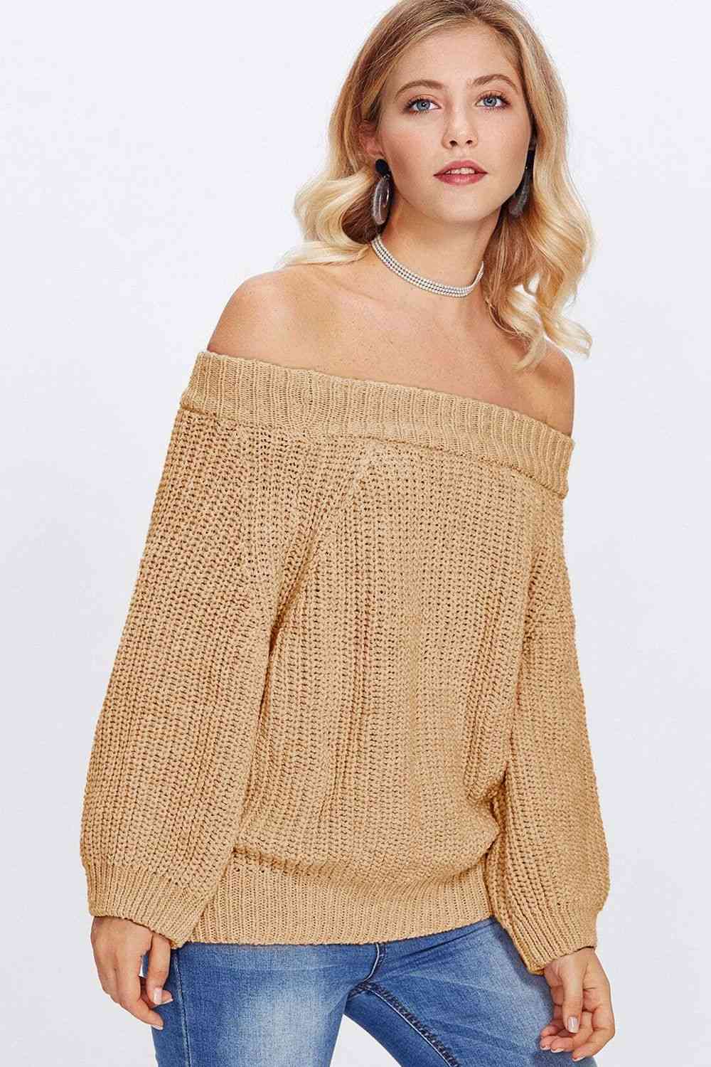 Double Take Off-Shoulder Long Sleeve Sweater Tan / One Size