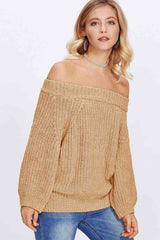 Double Take Off-Shoulder Long Sleeve Sweater Tan / One Size