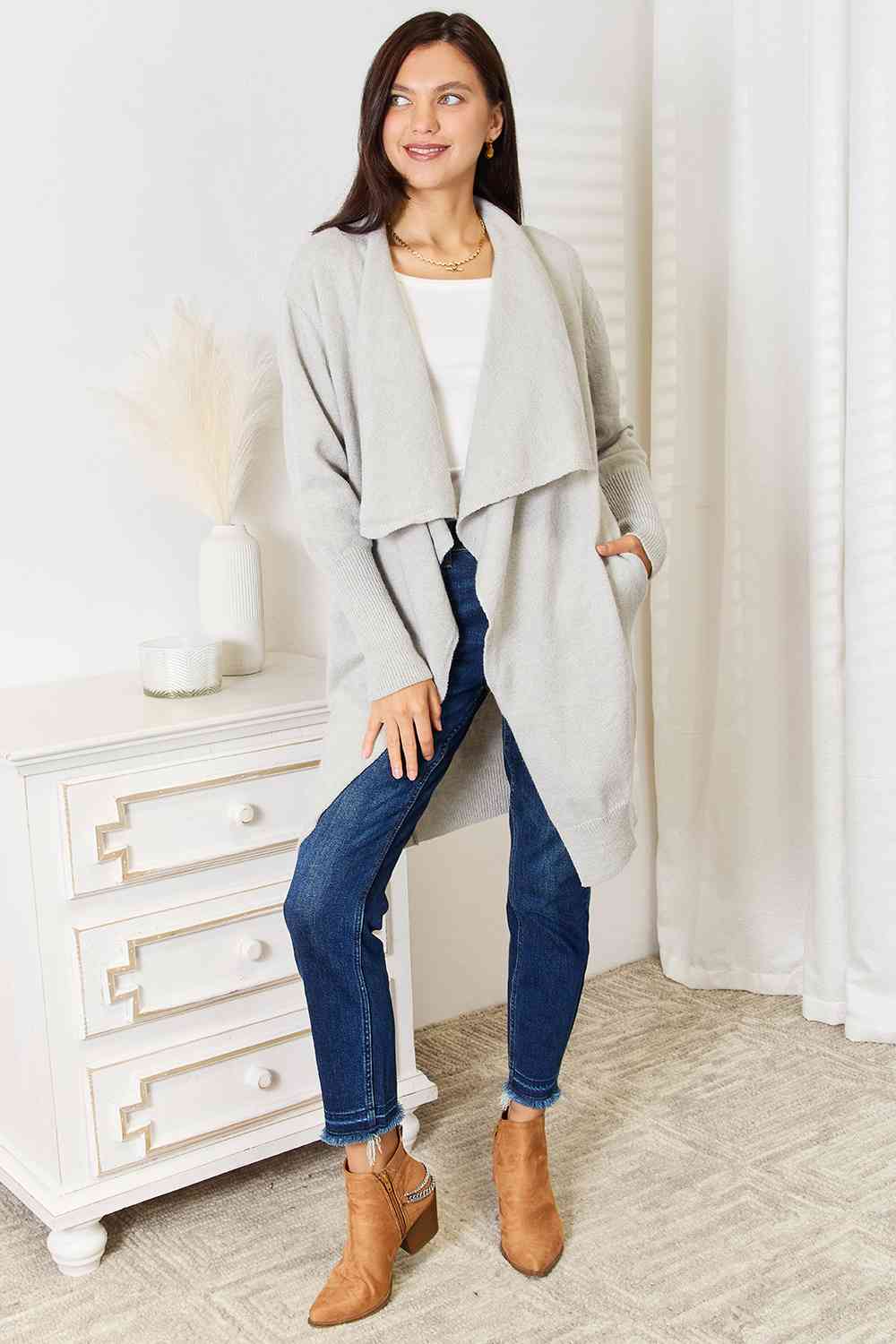 Double Take Open Front Duster Cardigan with Pockets