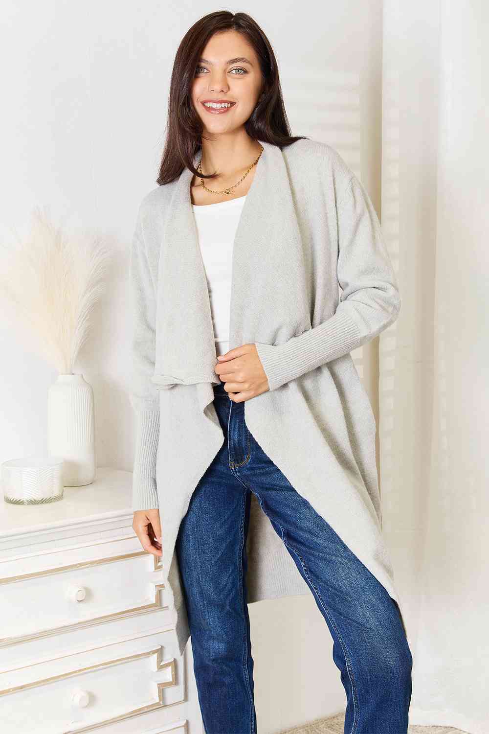 Double Take Open Front Duster Cardigan with Pockets Light Gray / S