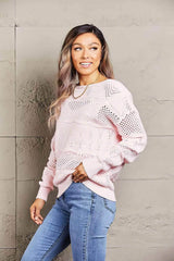 Double Take Openwork Boat Neck Pullover Sweater