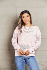 Double Take Openwork Boat Neck Pullover Sweater Pink / S