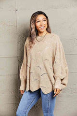 Double Take Openwork Boat Neck Sweater with Scalloped Hem