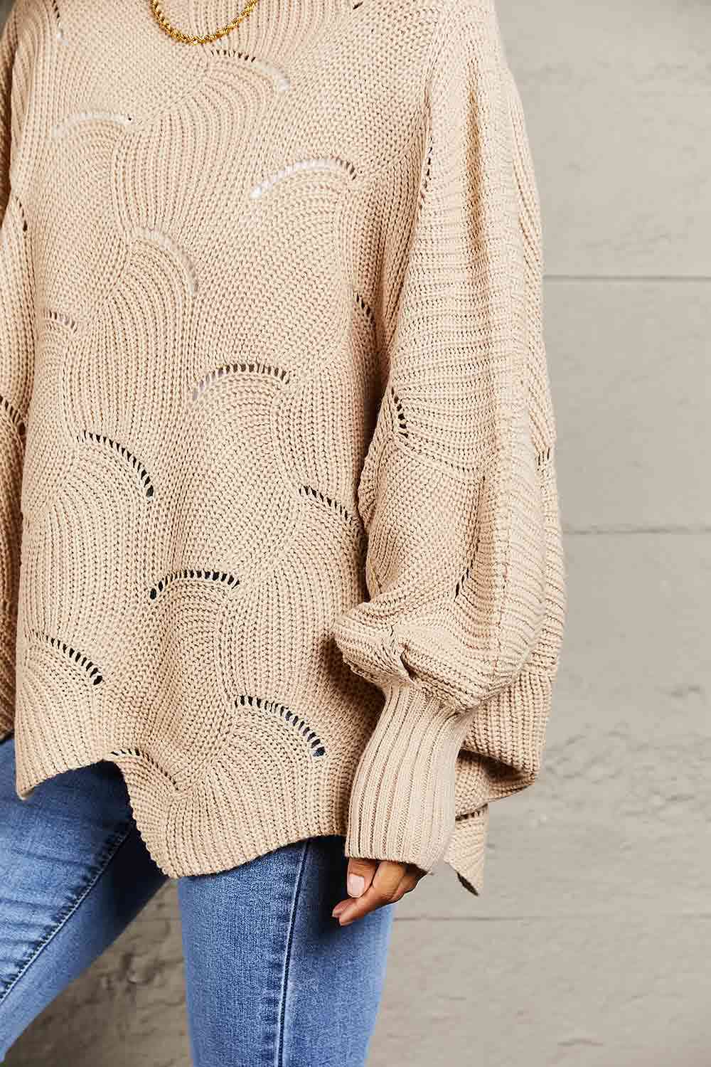 Double Take Openwork Boat Neck Sweater with Scalloped Hem