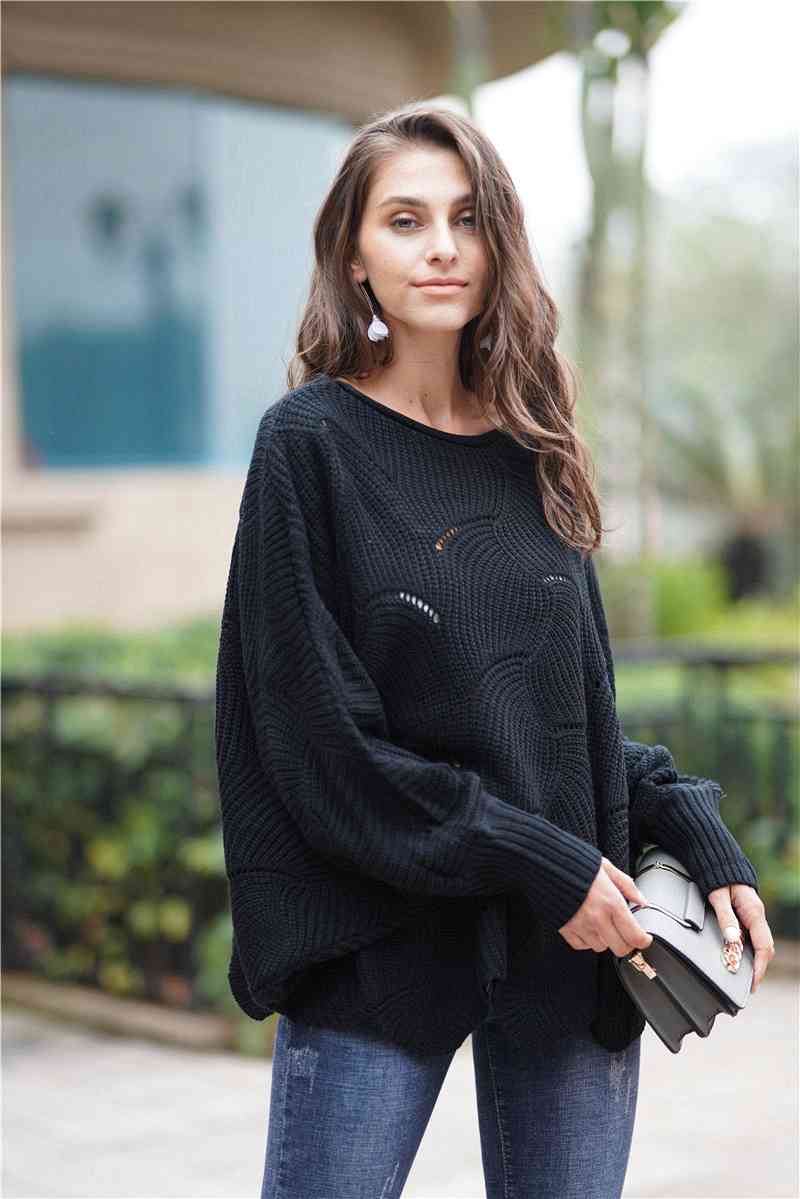 Double Take Openwork Boat Neck Sweater with Scalloped Hem Black / S