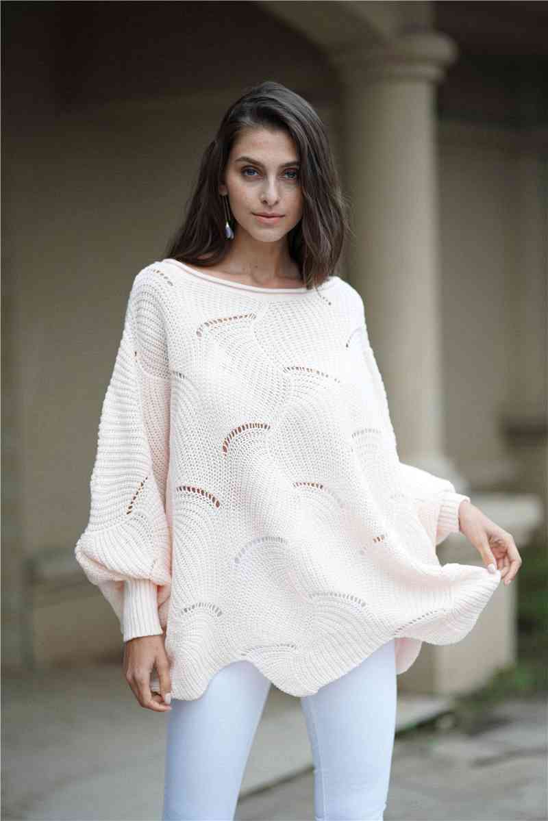 Double Take Openwork Boat Neck Sweater with Scalloped Hem Blush / S