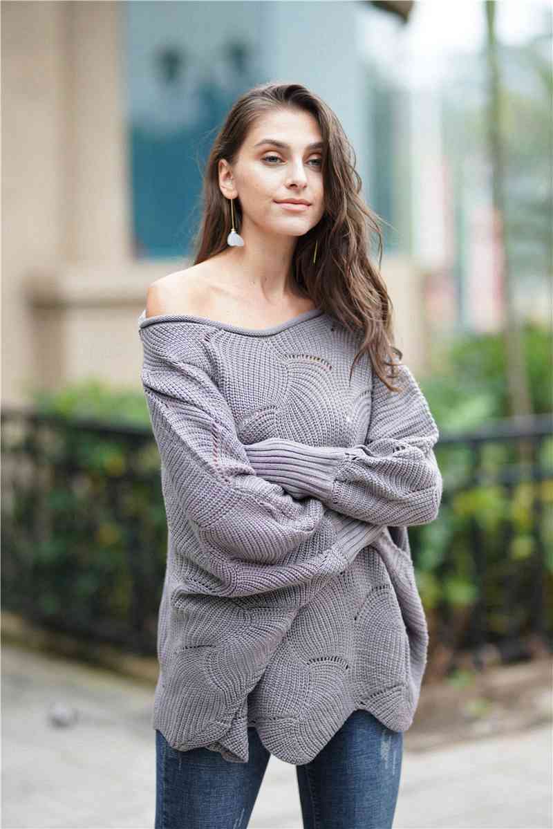 Double Take Openwork Boat Neck Sweater with Scalloped Hem Dark Gray / S