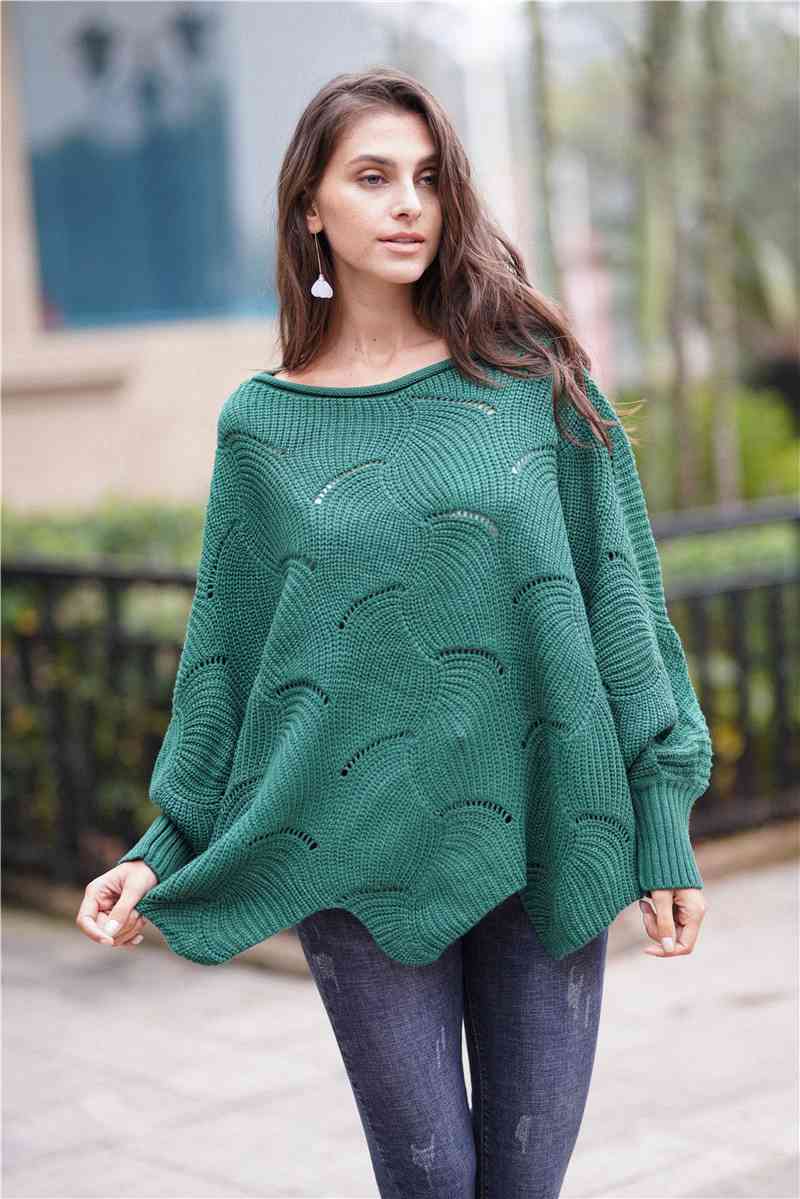 Double Take Openwork Boat Neck Sweater with Scalloped Hem Green / S