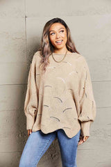 Double Take Openwork Boat Neck Sweater with Scalloped Hem Khaki / S