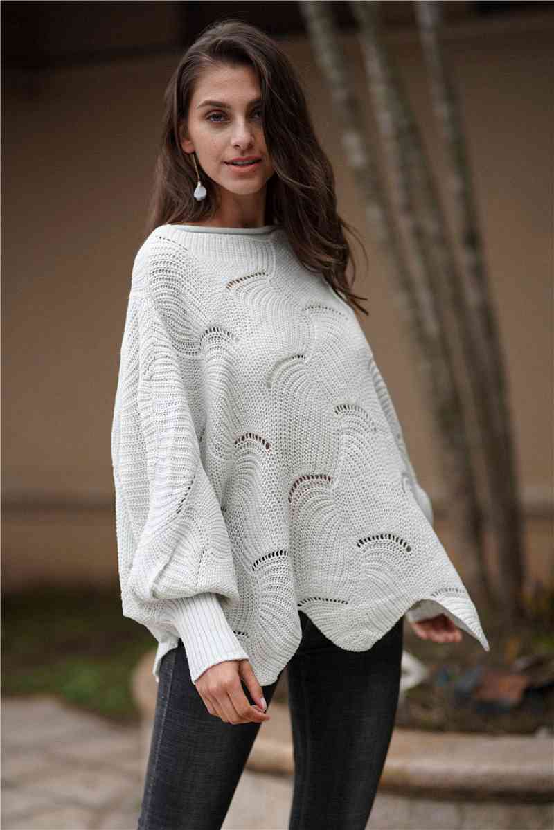 Double Take Openwork Boat Neck Sweater with Scalloped Hem Light Gray / S