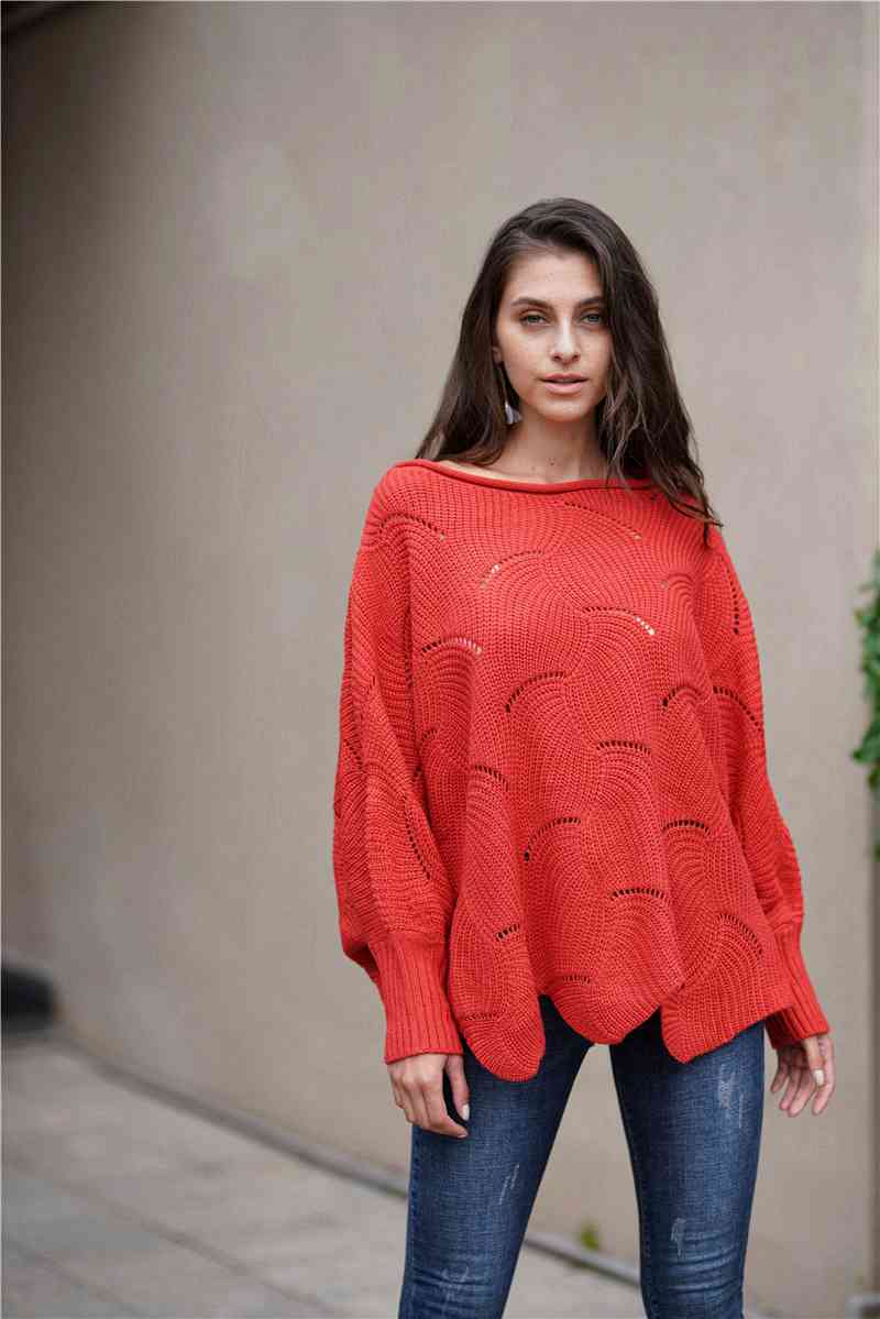 Double Take Openwork Boat Neck Sweater with Scalloped Hem Rust / S