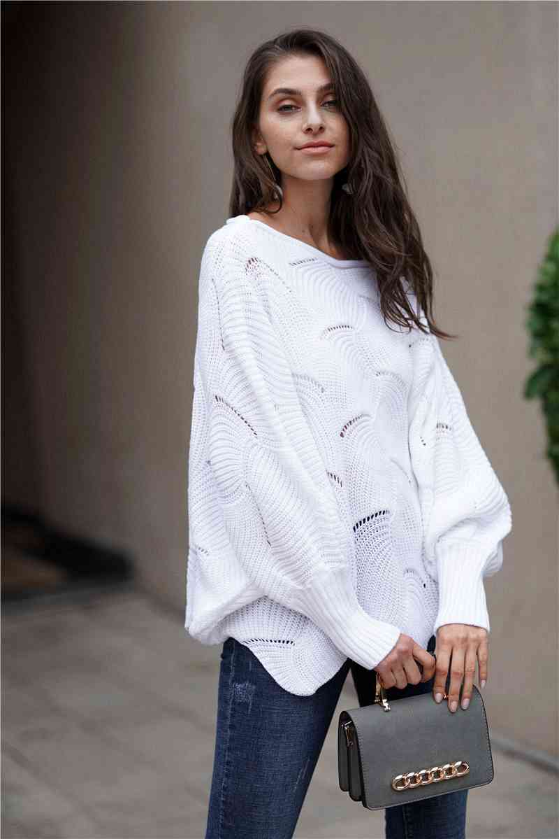 Double Take Openwork Boat Neck Sweater with Scalloped Hem White / S