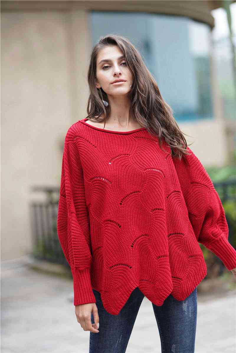 Double Take Openwork Boat Neck Sweater with Scalloped Hem Wine / S