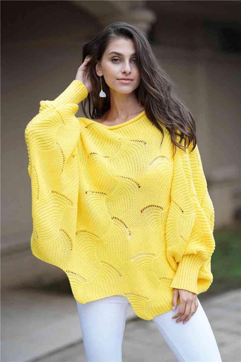 Double Take Openwork Boat Neck Sweater with Scalloped Hem Yellow / S