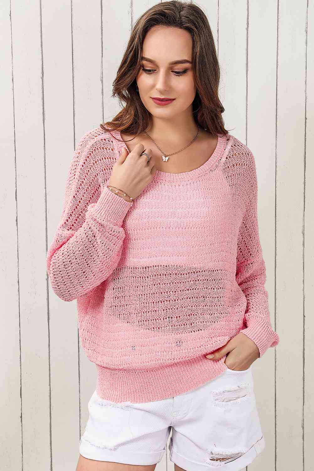 Double Take Openwork Round Neck Dropped Shoulder Knit Top